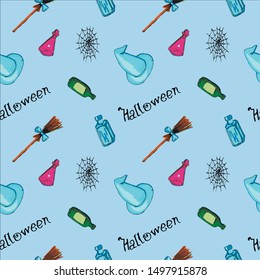 Cartoon happy halloween seamless pattern. spider, spider web and pumpkins, bottles, wizard hat. vector illustration. Suitable for the design of textiles, websites, scrapbook paper