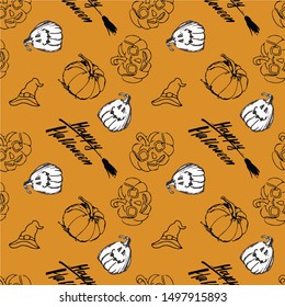 Cartoon happy halloween seamless pattern. spider, spider web and pumpkins, bottles, wizard hat. vector illustration. Suitable for the design of textiles, websites, scrapbook paper