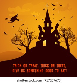 Cartoon Happy Halloween template with haunted castle trees flying bats witch ghosts on sunset background vector illustration