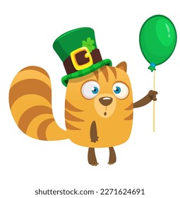 Cartoon happy hamster character wearing st patrick's hat with a clover. Vector illustration for Saint Patrick's Day. Party poster design.
