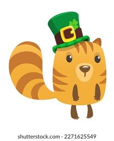 Cartoon happy hamster character wearing st patrick's hat with a clover. Vector illustration for Saint Patrick's Day. Party poster design.
