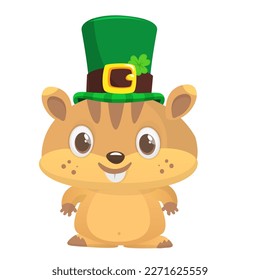 Cartoon happy hamster character wearing st patrick's hat with a clover. Vector illustration for Saint Patrick's Day. Party poster design.