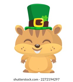 Cartoon happy hamster character wearing st patrick's hat with a clover. Vector illustration for Saint Patrick's Day. Party poster design.