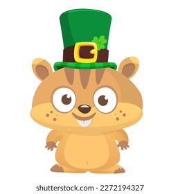 Cartoon happy hamster character wearing st patrick's hat with a clover. Vector illustration for Saint Patrick's Day. Party poster design.