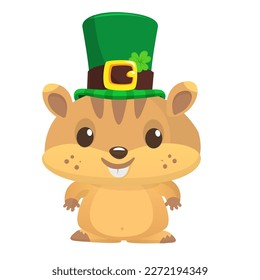 Cartoon happy hamster character wearing st patrick's hat with a clover. Vector illustration for Saint Patrick's Day. Party poster design.