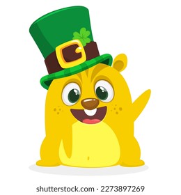 Cartoon happy hamster character wearing st patrick's hat with a clover. Vector illustration for Saint Patrick's Day. Party poster design.