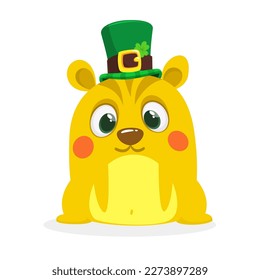 Cartoon happy hamster character wearing st patrick's hat with a clover. Vector illustration for Saint Patrick's Day. Party poster design.