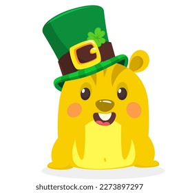 Cartoon happy hamster character wearing st patrick's hat with a clover. Vector illustration for Saint Patrick's Day. Party poster design.
