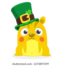 Cartoon happy hamster character wearing st patrick's hat with a clover. Vector illustration for Saint Patrick's Day. Party poster design.