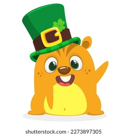 Cartoon happy hamster character wearing st patrick's hat with a clover. Vector illustration for Saint Patrick's Day. Party poster design.