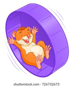 Cartoon happy hamster having fun in the wheel.