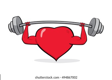 Cartoon happy hearts taking dumbbell. Vector illustration