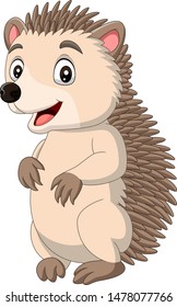 Cartoon happy hedgehog standing on white background