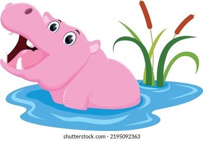 Cartoon happy hippo on water isolated on white 