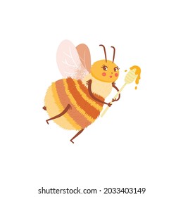Cartoon happy honeybee with spoon with honey in flat style. Flying bee vector personage isolated design.The character of cute bee holding honey on white background. Child character for logo and emblem