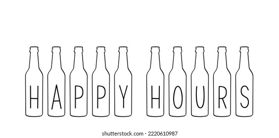 Cartoon happy hours with botlle for pubs, nightclubs, bars, restaurants and cafe. For Drinking glass and bottle wine or beer concept. Fest time or party time.