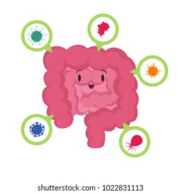 Cartoon happy human intestine with good microscopic bacterias medical probiotics vector concept. Illustration of health digestive, microbe in digestion