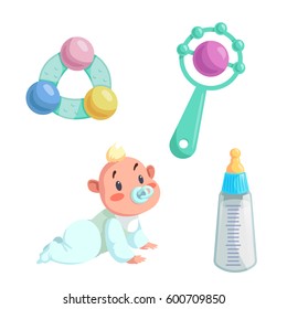 Cartoon happy infancy set. Baby boy with dummy crawl, feed bottle with milk and different rattles. Vector illustration.