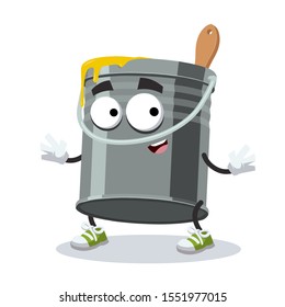 cartoon happy iron bucket with paint mascot smiling on white background