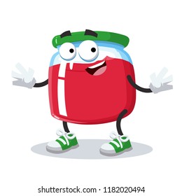 cartoon happy jam in glass jar mascot smiling on white background