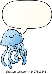 cartoon happy jellyfish with speech bubble in smooth gradient style