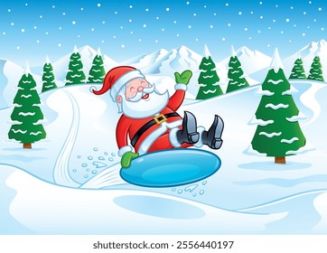 Cartoon of a happy and jolly Santa Claus character riding on and flying over a hill on a snow sled disc in the snowy mountains while snow is falling.