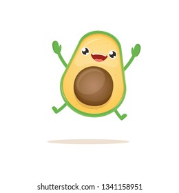 cartoon happy jumping avocado character isolated on white background. vector fruit funky character