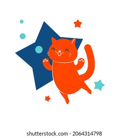 Cartoon happy jumping cat with stars behind. Vector illustratioon for positive sticker, print