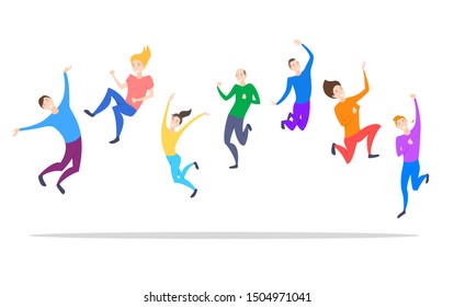 Cartoon Happy Jumping Color Characters People Concept Flat Design Include of Man and Woman. Vector illustration of Cheerful Persons