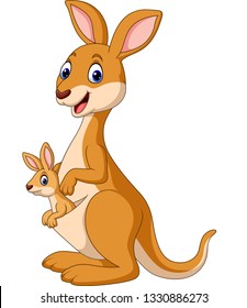 Cartoon happy kangaroos with baby Joey 