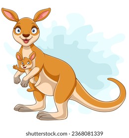 Cartoon happy kangaroos with baby Joey