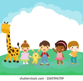 cartoon Happy kid and  animal