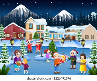 Cartoon of happy kid and family playing in the snowing village