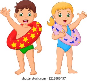 Cartoon happy kid with inflatable ring