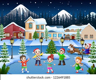 Cartoon of happy kid playing in the snowing village