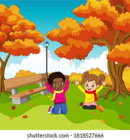 Cartoon Happy kids in autumn park