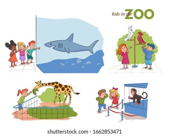 Cartoon happy kids character having fun looking at various animals at zoo scenes set. Cheerful children girls and boys and wild shark, exotic parrots, monkey, giraffe. Vector flat illustration