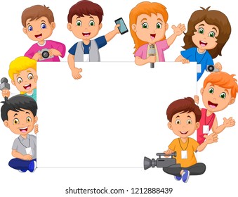 Cartoon happy kids in different professions with blank sign