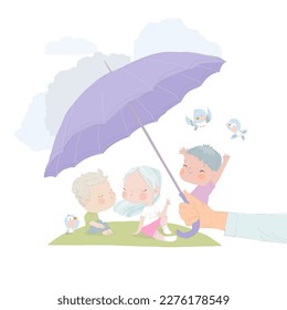 Cartoon Happy Kids enjoying under Big Umbrella