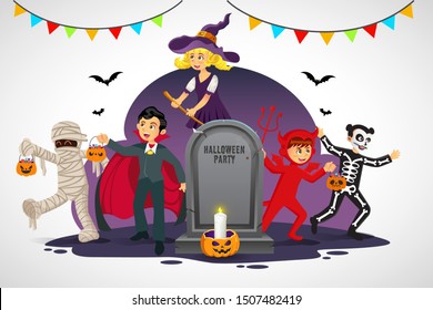 Cartoon happy kids in halloween costume with old gravestone isolated on white background. vector illustration for happy halloween card, flyer, banner and poster