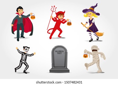 Cartoon happy kids in halloween costume with old gravestone isolated on white background