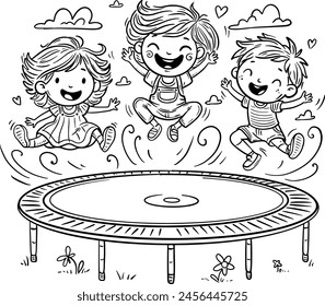 Cartoon happy kids jumping on trampoline. Children summer activities clipart. Blacka nd white vector illustration