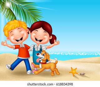 Cartoon happy kids on the beach