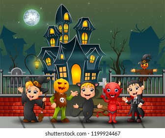 Cartoon happy kids on the halloween day