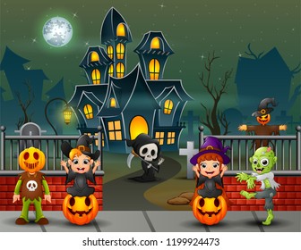 Cartoon happy kids on the halloween day