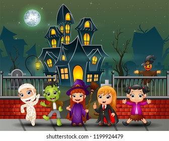 Cartoon happy kids on the halloween day