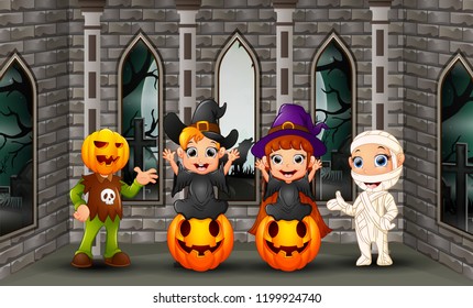 Cartoon happy kids on the halloween day