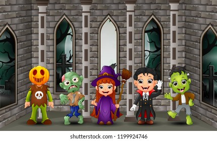 Cartoon happy kids on the halloween day