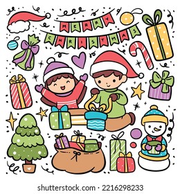 Cartoon Happy Kids Open Christmas Gift, Doodle Christmas Elements