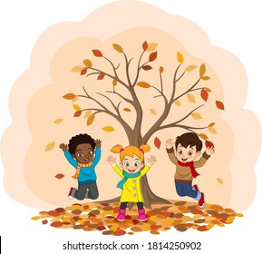 Cartoon Happy Kids Playing In Autumn Background